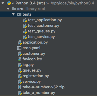 Take A Number project structure in PyCharm CE.